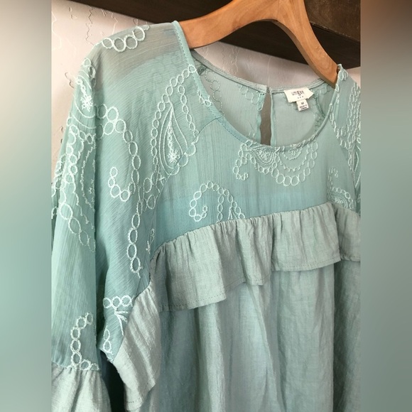 Umgee|Boho mint lace embroidered dress (or tunic top) with tiered ruffle sleeve• - Picture 6 of 13